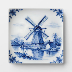 Klassiek Delfts Blauwe Molen Gracht Scene Fotoplaat