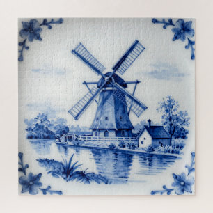 Klassiek Delfts Blauwe Molen Gracht Scene Legpuzzel