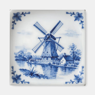 Klassiek Delfts Blauwe Molen Gracht Scene Magneet