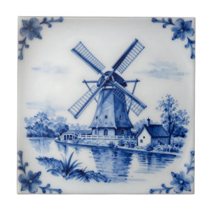 Klassiek Delfts Blauwe Molen Gracht Scene Tegeltje
