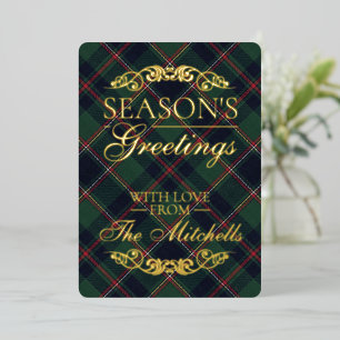 Klassiek donkerblauw rood groen ruitpatroon goud folie feestdagenkaart