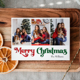 Klassiek Eenvoudig Prettig Kerstmis Drie Foto Feestdagenkaart