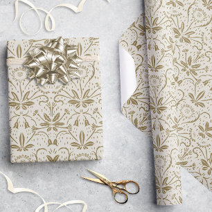 Klassiek Elegant  Beige Gouden Bloemenpatroon Cadeaupapier