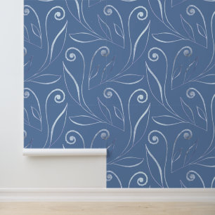 Klassiek Elegant Blad & Krullen Patroon Stof Blauw Behang