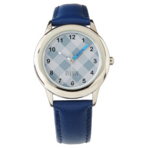 Klassiek Elegant Blauw Gingham Plaid & Aangepaste Horloge