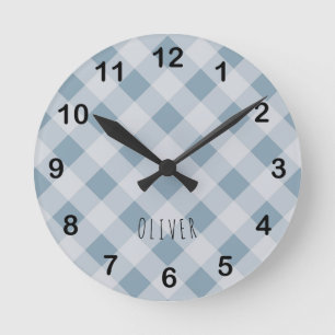 Klassiek Elegant Blauw Gingham Plaid & Aangepaste  Ronde Klok