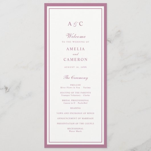 Klassiek Elegant Mauve Roos Frame Huwelijksprogram Programma (Voorkant)