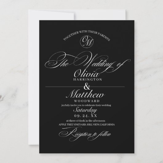Klassiek Elegant Script Zwart-wit bruiloft Kaart (Voorkant)