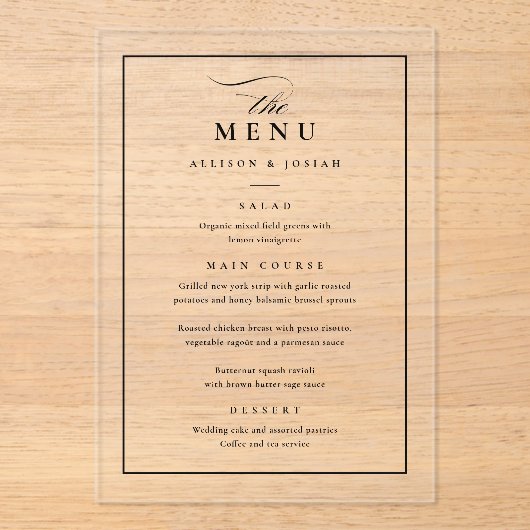 Klassiek Elegant Zwart Trouwmenu Acryl Uitnodigingen (Voorkant)