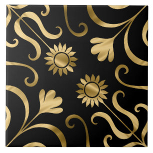 Klassiek Elegante Bloemendamask Zwart Goud Zonnebl Tegeltje