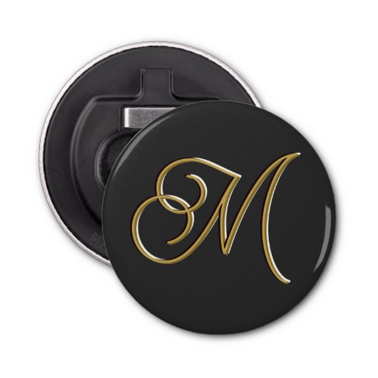 Klassiek Elegante Luxe Zwart Goud Minimal Monogram Button Flesopener (Voorkant)