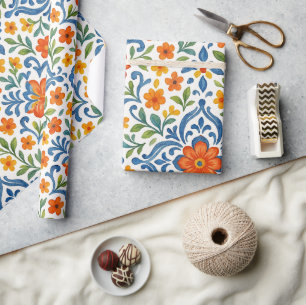 Klassiek Etnisch Mediterraan Bloemmotief Patroon Cadeaupapier