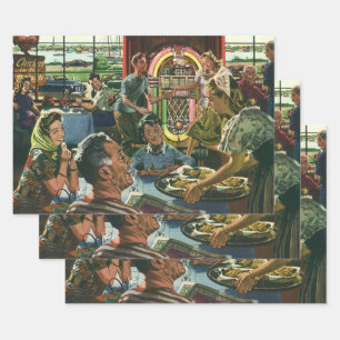 Klassiek familie diner in een diner met een jukebo inpakpapier vel