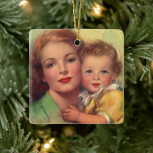 Klassiek familieportret van moeder en kind keramisch ornament