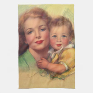 Klassiek familieportret van moeder en kind theedoek