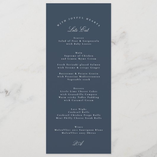 Klassiek formeel trouwfeest met Navy Blauwe kallig Menu (Voorkant)