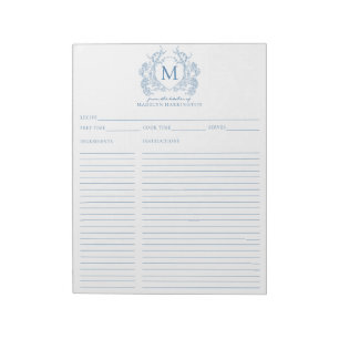 Klassiek Frans Blauw Bloemen Crest Monogram Recept Notitieblok