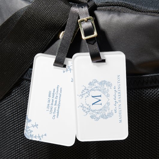 Klassiek Frans blauw bloemenkam monogram Bagagelabel