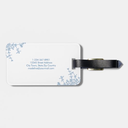 Klassiek Frans blauw bloemenkam monogram Bagagelabel (Achterkant horizontaal)