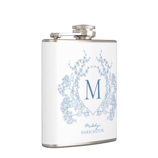 Klassiek Frans blauw bloemenkam monogram Heupfles (Rechts)