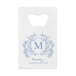 Klassiek Frans Blauw Bloemenkroon Monogram Kredietkaart Flessenopener