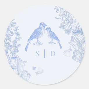 Klassiek Frans Blauw Wit Bloemmotief Vogels Bruilo Ronde Sticker