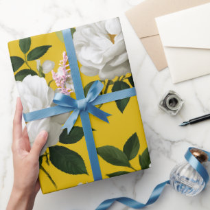 Klassiek Geel Roos Wit Bloemmotief Cadeaupapier