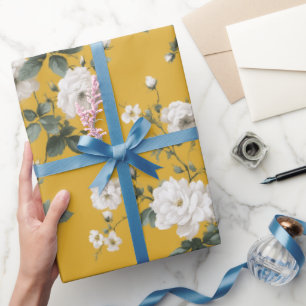 Klassiek Geel Roos Wit Bloemmotief Cadeaupapier