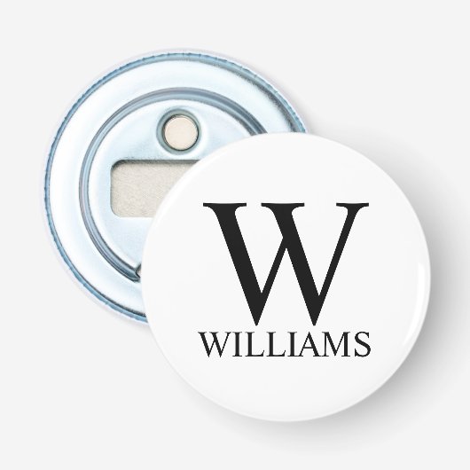 Klassiek gepersonaliseerd monogram en naam button flesopener (Voorkant)