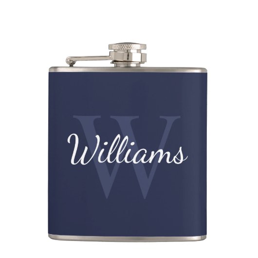 Klassiek gepersonaliseerd monogram en naam Navy Bl Heupfles (Voorkant)