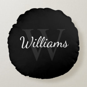 Klassiek gepersonaliseerd monogram en naam zwart rond kussen