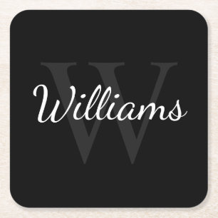 Klassiek gepersonaliseerd monogram en naam zwart vierkante kartonnen onderzetter