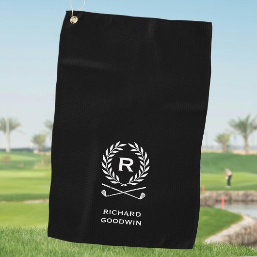 Klassiek gepersonaliseerd monogram krans zwart golfhanddoek