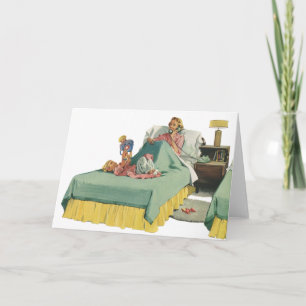 Klassiek gezin waarbij moeder ontbijt op bed krijg kaart