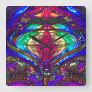 Klassiek Glas in lood patroon in blauw, groen, roo Vierkante Klok