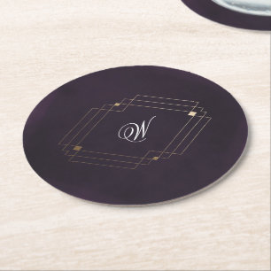 Klassiek Goud Deco Paars Calligrafie Monogram Ronde Kartonnen Onderzetter