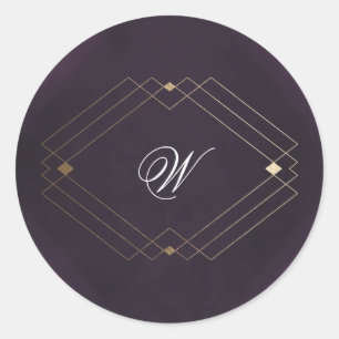 Klassiek Goud Deco Paars Calligrafie Monogram Ronde Sticker