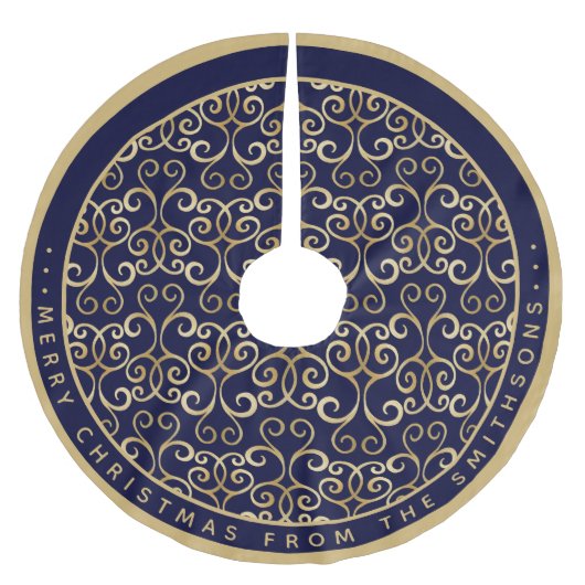 KLASSIEK GOUD EN NAVYBLAUW KERSTDAMAST AANGEPASTE KERSTBOOM ROK (Voorkant)