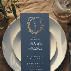 klassiek goud marine bloemenmotief monogram bruilo menu