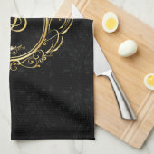 Klassiek goud zwart monogram damast ontwerp theedoek (Quarter Fold)