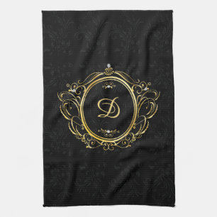 Klassiek goud zwart monogram damast ontwerp theedoek