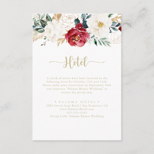 Klassiek gouden bordeauxrood wit bloemig hotel informatiekaartje (Voorkant)