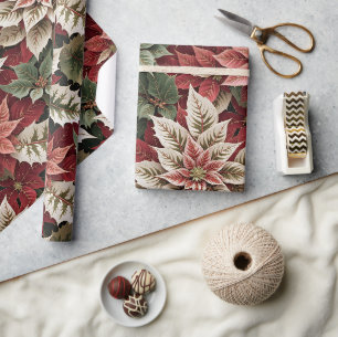 Klassiek goudstof Kerstbloemmotief Cadeaupapier
