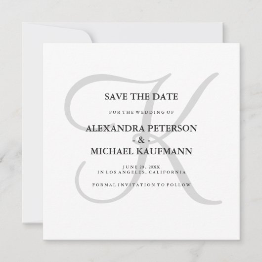 Klassiek Grijs Monogram Sla de datum op Save The Date (Voorkant)