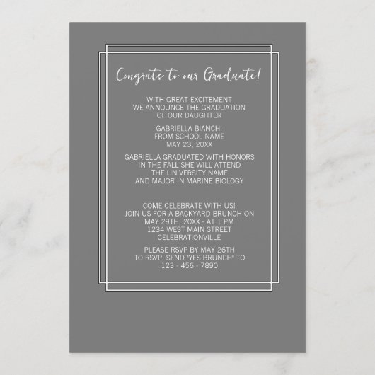 Klassiek grijs witte minimalistische afstuderen aankondiging (Achterkant)