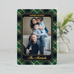 Klassiek groen blauw geel ruitpatroon goud folie feestdagenkaart
