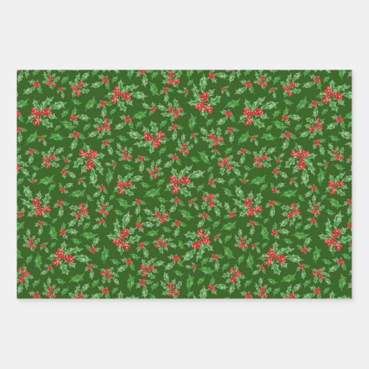 Klassiek groen en rood kerst Holly Patroon Inpakpapier Vel (Voorkant 3)