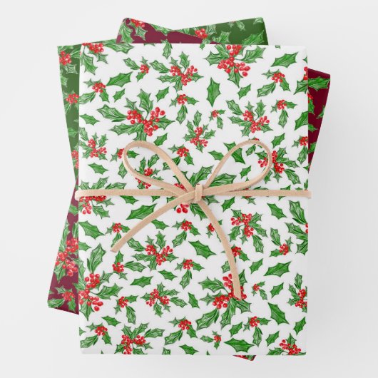 Klassiek groen en rood kerst Holly Patroon Inpakpapier Vel (In situ)