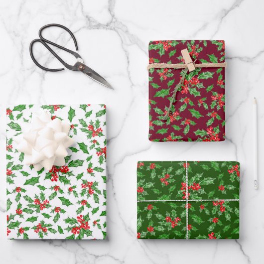 Klassiek groen en rood kerst Holly Patroon Inpakpapier Vel (Voorkant)