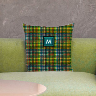 Klassiek groen geruite tartanpatroon monogram kussen